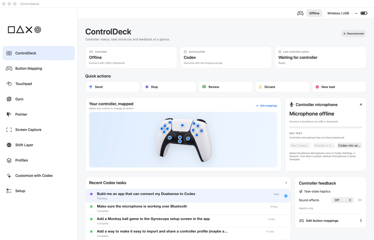 ControlDeck dashboard showing controller and Codex status